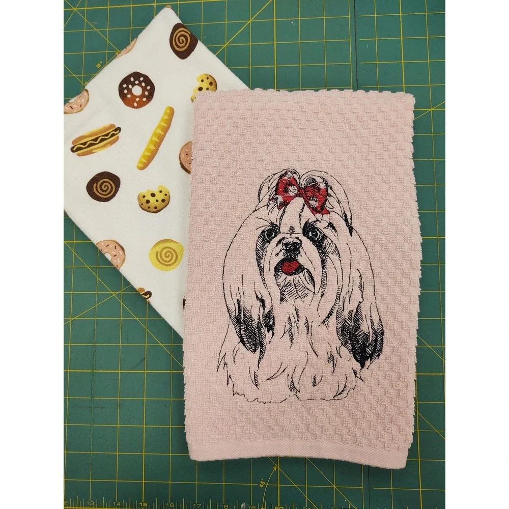 Shih Tzu Dog With Hair Bow Kitchen Bath Hand Bar Towel Set of 2 Great Gift!